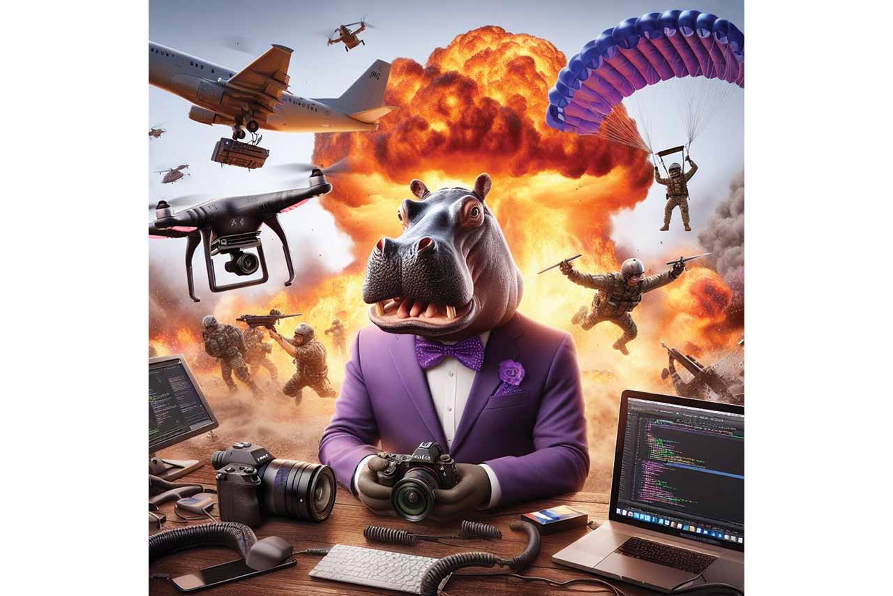 and more hippo picture with a hippo in a purple suit with explosions